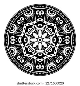 Black and white round ethnic mandala, vector illustration on white background. Can be used for coloring book, greeting card, phone case print, etc. Islam, Arabic, Pakistan, Moroccan, Turkish motifs.