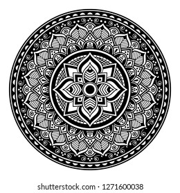 Black and white round ethnic mandala, vector illustration on white background. Can be used for coloring book, greeting card, phone case print, etc. Islam, Arabic, Pakistan, Moroccan, Turkish motifs.