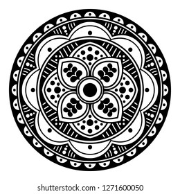 Black and white round ethnic mandala, vector illustration on white background. Can be used for coloring book, greeting card, phone case print, etc. Islam, Arabic, Pakistan, Moroccan, Turkish motifs.
