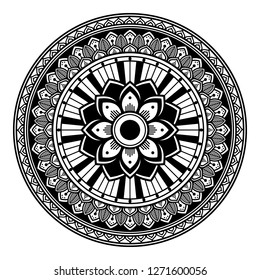 Black and white round ethnic mandala, vector illustration on white background. Can be used for coloring book, greeting card, phone case print, etc. Islam, Arabic, Pakistan, Moroccan, Turkish motifs.