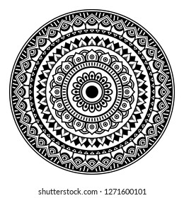 Black and white round ethnic mandala, vector illustration on white background. Can be used for coloring book, greeting card, phone case print, etc. Islam, Arabic, Pakistan, Moroccan, Turkish motifs.