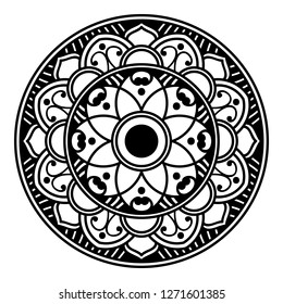Black and white round ethnic mandala, vector illustration on white background. Can be used for coloring book, greeting card, phone case print, etc. Islam, Arabic, Pakistan, Moroccan, Turkish motifs.