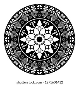Black and white round ethnic mandala, vector illustration on white background. Can be used for coloring book, greeting card, phone case print, etc. Islam, Arabic, Pakistan, Moroccan, Turkish motifs.