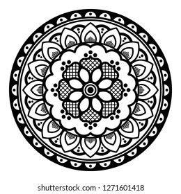 Black and white round ethnic mandala, vector illustration on white background. Can be used for coloring book, greeting card, phone case print, etc. Islam, Arabic, Pakistan, Moroccan, Turkish motifs.