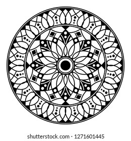 Black and white round ethnic mandala, vector illustration on white background. Can be used for coloring book, greeting card, phone case print, etc. Islam, Arabic, Pakistan, Moroccan, Turkish motifs.