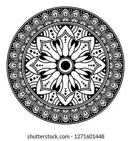 Black and white round ethnic mandala, vector illustration on white background. Can be used for coloring book, greeting card, phone case print, etc. Islam, Arabic, Pakistan, Moroccan, Turkish motifs.