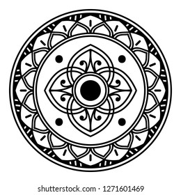 Black and white round ethnic mandala, vector illustration on white background. Can be used for coloring book, greeting card, phone case print, etc. Islam, Arabic, Pakistan, Moroccan, Turkish motifs.