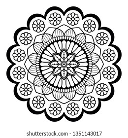 Black and white round ethnic mandala, vector illustration on white background. Can be used for coloring book, greeting card, phone case print, etc. Islam, Arabic, Pakistan, Moroccan, Turkish motifs