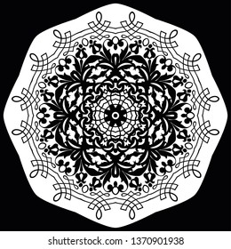 Black and white round ethnic mandala, vector illustration on white background. Can be used for coloring book, greeting card, phone case print, etc. Islam, Arabic, Pakistan, Moroccan, Turkish motifs
