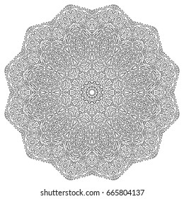 Black and White Round Ethnic Pattern. Adult Coloring Book. Mandala Ornament. Indian, Moroccan, Arabic Motif. Monochrome Circular Pattern