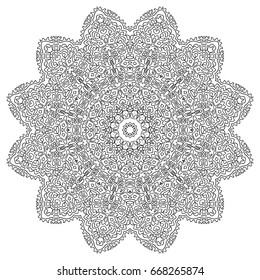 Black and White Round Ethnic Pattern. Adult Coloring Book. Mandala Ornament. Indian, Moroccan, Arabic Motif. Monochrome Circular Pattern