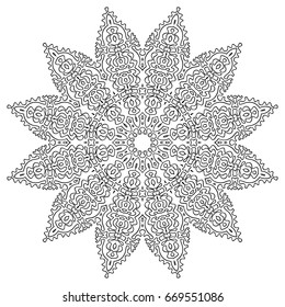 Black and White Round Ethnic Pattern. Adult Coloring Book. Mandala Ornament. Indian, Moroccan, Arabic Motif. Monochrome Circular Pattern