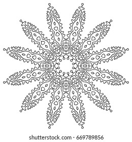 Black and White Round Ethnic Pattern. Adult Coloring Book. Mandala Ornament. Indian, Moroccan, Arabic Motif. Monochrome Circular Pattern