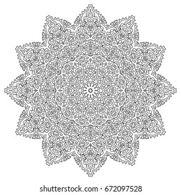 Black and White Round Ethnic Pattern. Adult Coloring Book. Mandala Ornament. Indian, Moroccan, Arabic Motif. Monochrome Circular Pattern
