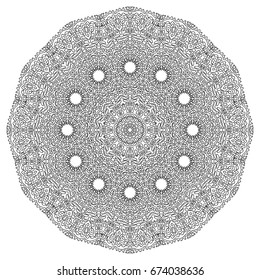 Black and White Round Ethnic Pattern. Adult Coloring Book. Mandala Ornament. Indian, Moroccan, Arabic Motif. Monochrome Circular Pattern