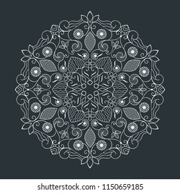 Black and white round floral element vector illustration. Circular flower line art design isolated on dark background. 