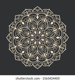 Black and white round floral element vector illustration. Circular flower line art design isolated on black background. 