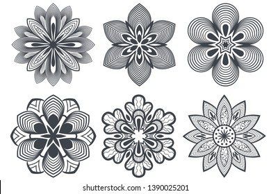 Ilustración vectorial de elementos florales redondos blancos y negros. Colección Mandala. Diseño de líneas florales circulares aisladas de fondo blanco. 