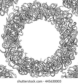 Black and white round floral frame template. Line art floral circle frame.