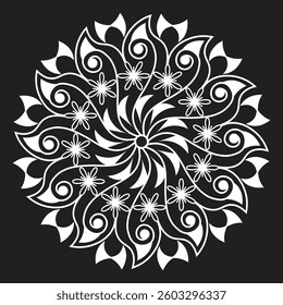 Black white round flower mandala design.