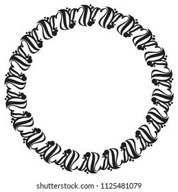 Black and white round frame with abstract flower silhouettes. Copy space. Vector clip art.