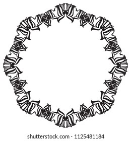 Black and white round frame with abstract flower silhouettes. Copy space. Vector clip art.