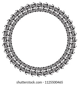 Black and white round frame with abstract flower silhouettes. Copy space. Vector clip art.