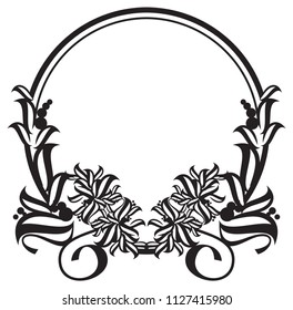 Black and white round frame with abstract flower silhouettes. Copy space. Vector clip art.