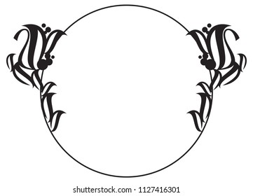 Black and white round frame with abstract flower silhouettes. Copy space. Vector clip art.