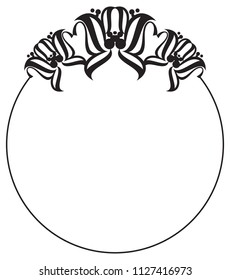 Black and white round frame with abstract flower silhouettes. Copy space. Vector clip art.