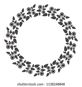 Black and white round frame with abstract flower silhouettes. Copy space. Vector clip art.