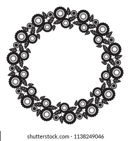 Black and white round frame with abstract flower silhouettes. Copy space. Vector clip art.