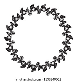 Black and white round frame with abstract flower silhouettes. Copy space. Vector clip art.