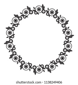 Black and white round frame with abstract flower silhouettes. Copy space. Vector clip art.