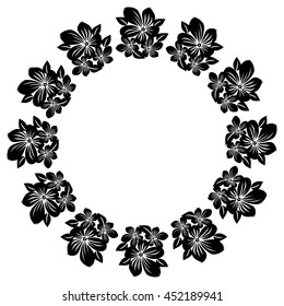 Black and white round frame with abstract flowers silhouettes. Vector clip art.