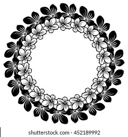 Black and white round frame with abstract flowers silhouettes. Vector clip art.