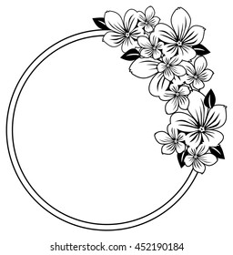 Black and white round frame with abstract flowers silhouettes. Vector clip art.