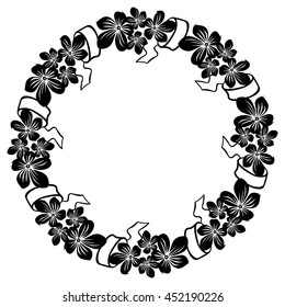 Black and white round frame with abstract flowers silhouettes. Vector clip art.