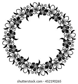 Black and white round frame with abstract flowers silhouettes. Vector clip art.