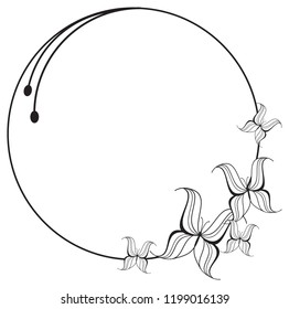 Black and white  round frame with butterflies. Vector clip art.