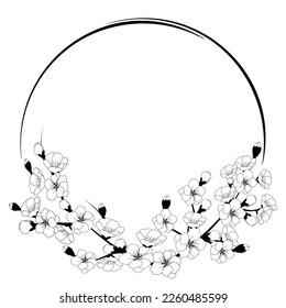 Black and white round frame with cherry blossom. Template for a greeting card or invitation with a minimalistic design