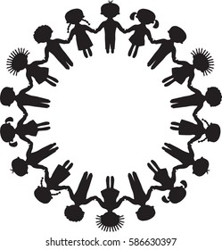 Black and white round frame with children roundelay. Vector illustration.