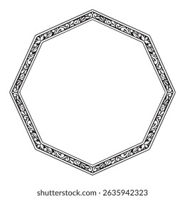 Black and white round frame with decorative elements. Vector clip art.