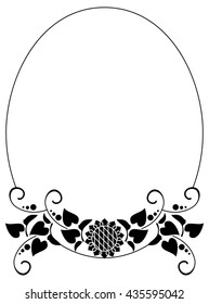 Black and white round frame with decorative sunflowers silhouettes. Vector clip art.