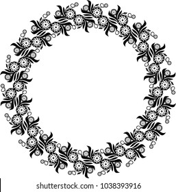 Black and white round frame with floral silhouettes. Copy space. Vector clip art.