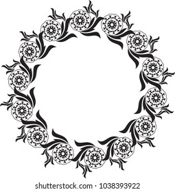 Black and white round frame with floral silhouettes. Copy space. Vector clip art.