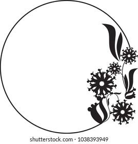 Black and white round frame with floral silhouettes. Copy space. Vector clip art.