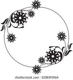 Black and white round frame with floral silhouettes. Copy space. Vector clip art.