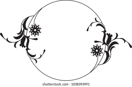 Black and white round frame with floral silhouettes. Copy space. Vector clip art.