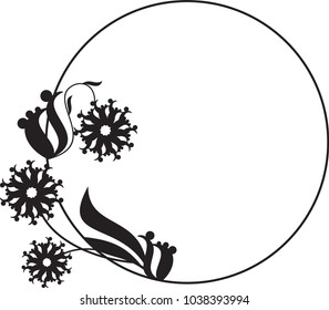 Black and white round frame with floral silhouettes. Copy space. Vector clip art.
